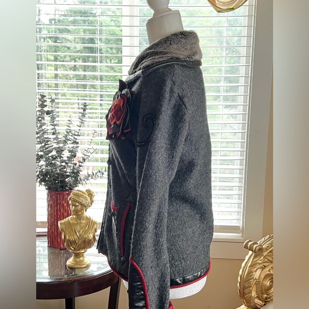 Cove Dark Gray Wool Utility Jacket with Red Trim & Flower Accent - Picture 3 of 5